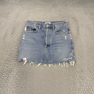 AGOLDE Skirt Womens 27 Blue Denim Distressed Mini High Rise Raw Hem Button Fly